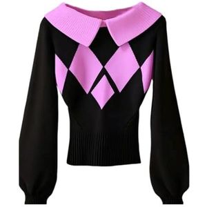 Dames Gebreide Trui Met Diamantpatroon, Warme Winterse Lange Mouwen en Slanke Trui for Casual en Kantoorkleding(Pink)