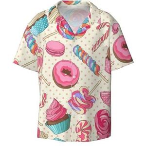 OdDdot Kleurrijke Sweet Lolly Cupcake Donut Print Heren Jurk Shirts Atletische Slim Fit Korte Mouw Casual Business Button Down Shirt, Zwart, XXL
