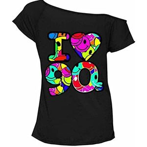 FASHION 7STAR Vrouwen Korte Mouw Ronde Hals Gedrukt T-shirt Dames Sexy I Love 80s Print Party Wear Fancy Shirt Top, I Love 90s Multi Faces Zwart, 42-44