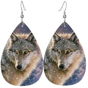 LAMAME trendy wolf gedrukt Teardrop Dangle Earring lederen oorbel vakantie partij decoratie, Eén maat, Kunstleer