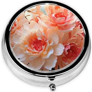 Pillendoosje met spiegel, retro pillendoosje met 3 vakken, perzikpioen, kleine pillenorganizer voor portemonnee of zak, decoratieve metalen medicijnen, vitamine-organizer, unieke geschenken