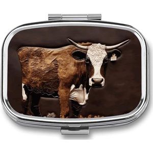 Koe in bruin lederen pillendoosje medicijnpillenorganisator, kleine pillenetui, reispillencontainer, draagbare pillenhouder voor zak, pillenhouder met 2 compartimenten voor op reis