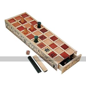 Ancient Egyptian Senet Game - Wooden Board with Red Squares, Wooden Pieces and Binary Dice