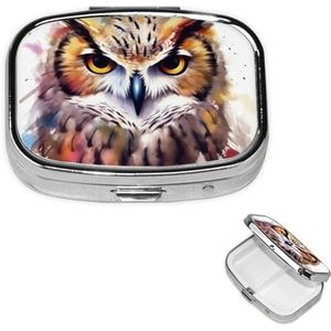 Mini metalen pillenorganizer - 2 compartimenten reizen pillendoos lichtgewicht zak pillendoosje aquarel koele uil hoofd wekelijkse medicatie koffer voor vitamines en medicijnen