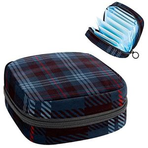 Maandverband Opbergtas,Draagbare maandverband Opbergzak,Keperstof Navy Blue Red Gird, Meerkleurig, 4.7x6.6x6.6 in/12x17x17 cm