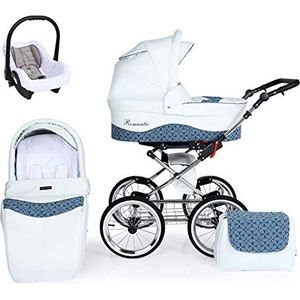 Kinderwagen Kinderwagen Classic Buggy 3in1 Autostoel Reissysteem Pasgeborenen vanaf de geboorte (3in1 met autostoel, Wit & Blauw)