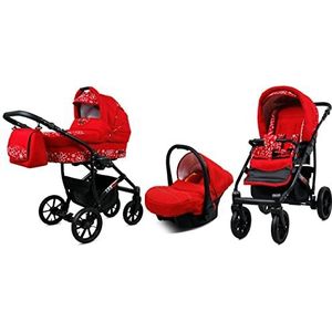 BabyLux Largo 3 in 1 Baby Reis Systeem Kinderwagen Autostoel Afneembare Regenhoes Voetenzak Dragende Wielen Pasgeborene tot Baby Red Flowers Black Frame