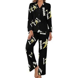 Banana Shark Pyjama voor dames, lange mouwen, loungeset, comfortabele nachtkleding, met knopen, maat S