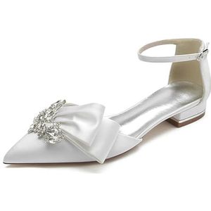 JOEupin Dames puntige teen kristal trouwschoenen voor bruid platte steentjes bruids flats avond prom party jurk schoenen pumps, Wit, 42 EU