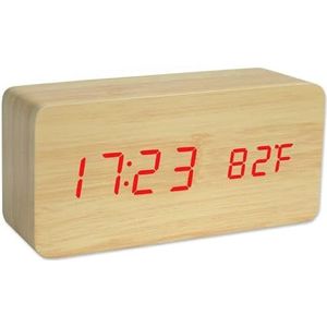 AntDau71 - Digitale wekker voor het nachtkastje in houtlook - multifunctioneel led-display met weergave van tijd, datum, temperatuur en spraakbesturing voor reizen naar kantoor (geel)