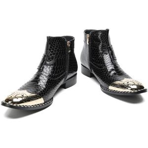 ZZveZZ Winter Heren Zwart En Goud Handgemaakte Vintage Laarzen Metalen Puntige Lederen Schoenen (Color : Black, Size : 44 EU)