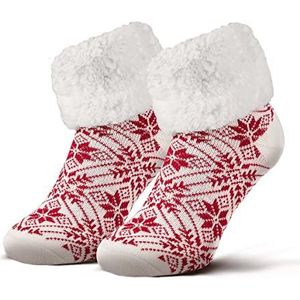 Piarini 1 paar knuffelsokken met ABS-zool, warme damessokken, huttensokken, wintersokken met anti-slip noppen, Eland rood, 35-42