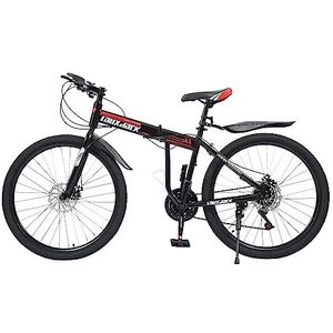 Bazargame Mountainbike, 26 inch, 21 versnellingen, volledig geveerde fietsen, meisjes, in hoogte verstelbaar, 80-95 cm, mountainbike vouwfiets met spatbordenset (zwart en rood)