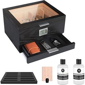 CASE ELEGANCE - Mill Glass Top Humidor Matte Black Wood Grain, Front Digital Hygrometer, Spanish Cedar, Humidor Solution, Hydro System, and Accessory Drawer - Holds (30-60 Cigars) by Klaro