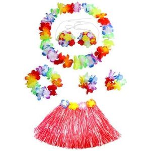 Dames meisjes hoelarok 40 cm 5 stks/6 stuks Hawaiiaanse hoelagras dansrok met Leis kostuum elastisch gras Hawaiiaanse bloem armbanden hoofdband ketting (kleur: rood, maat: 40 cm 6 stuks)