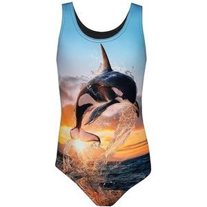 Aquarti Meisjes Badpak met Racerback en Dolfijn Print, Orka/Zwart, 122