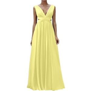 Diepe V-hals Prinses Bruidsmeisjes Jurken Chiffon Galajurken met Split Formele Avondjurk ZM195, Geel, 32