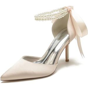 GHSIRUEU Witte Satijnen Hakken voor Vrouwen Hoge Hak met Parels Enkelbandje Trouwschoenen Lint Stropdas Pompen Sandalen,Champagne,35 EU