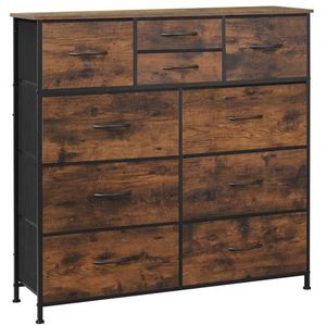 WOLTU Commode, opbergkast met 10 laden van stof, commode voor slaapkamer, woonkamer, entree, kinderkamer, metalen frame, rustiek bruin en zwart, SSK009shm