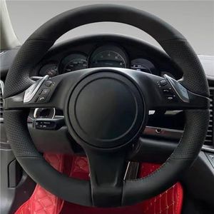 Stuurhoes Voor Cayenne Voor Panamera 2010-2012 Handgestikte Zwarte Lederen Antislip Auto Stuurhoes Stuurhoes van leer(Zwarte lijn)