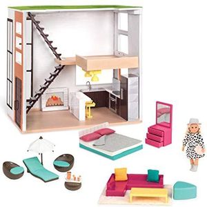 Lori LO37071Z Huis & Accessoires voor Mini Trendy Speelset met Pop & 3 Meubelkits - Woonkamer, Keuken, Slaapkamer, Outdoor Patio Loft - 3 Jaar +