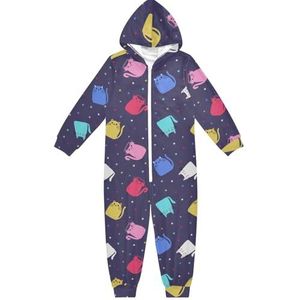 LI ZHI XIN Kinderpyjama met capuchon uit één stuk, jongens en meisjes, jumpsuits voor kinderen, onesie, slaappak, alles-in-één pyjama, winter, warme huisjumpsuit, 5-14 jaar, schattige kat cartoon