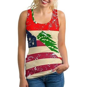 USA En Libanese Retro Vlag Mode Tank Top voor Vrouwen Gym Sport T-shirts Mouwloos Slanke Yoga Blouse Tee L