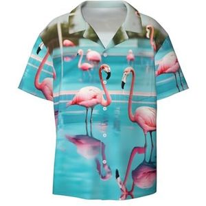 EdWal Flamingo en Zwembad Print Heren Korte Mouw Button Down Shirts Casual Losse Fit Zomer Strand Shirts Heren Jurk Shirts, Zwart, M