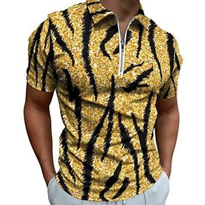 Golden Tiger Skin Poloshirt voor heren, met ritssluiting, casual korte mouwen, golftop, klassieke pasvorm, tennisshirt