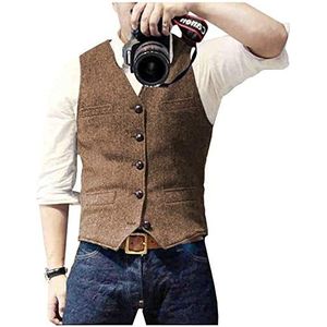 HSLS Herenpak, vest, slim fit, wollen jurk, gilet tweed V-hals voor bruidsjonkers, Bruin, S