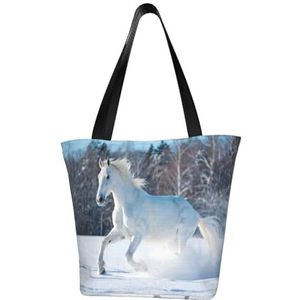 BeNtli Schoudertas, canvas draagtas grote tas vrouwen casual handtas herbruikbare boodschappentassen, wit paard in de winter, zoals afgebeeld, Eén maat