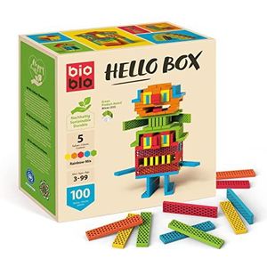 Bioblo Hello Box Rainbow-Mix met 100 bouwstenen | Duurzame bouwstenen voor kinderen vanaf 3 jaar | Houten bouwstenen kinderspeelgoed | Montessori houten bouwstenen