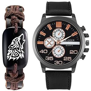 Mannen Horloges Gift Set Exquisite Dial Strap Quartz Horloge Wolf Design Gevlochten Armbanden Mode for Vriendje Echtgenoot Papa Geschenkdoos Organizer (Color : Black Watch Set)