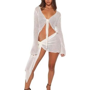 HGKPFGTG Dames 2-Delige Outfits Lange Mouwen Strik Cropped Tops En Minirok Sexy Mesh Doorschijnende Slanke Pasvorm Strandsets,Apricot,L