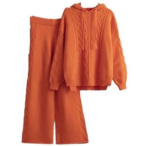 Dames Winter Gebreid Pak Warm Losse Tweedelige Sets Vrouwen Herfst Oversized Casual Hooded Trui Suits, Oranje Rood, One size