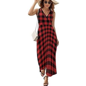 Rode En Zwarte Lumberjack Buffalo Plaid Vrouwen Maxi Lange Jurk V-hals Mouwloze Tank Zonnejurk Zomer