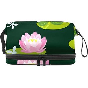 Grote capaciteit reizen cosmetische tas,Make-up tas,Waterdichte make-up tas Organizer, Roze Lotus vijver groene bladeren kikkers, Meerkleurig, 27x15x14 cm/10.6x5.9x5.5 in