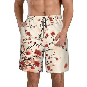 PHTZEZFC Japanse lente pruim bloemenprint heren strandshorts zomer shorts met sneldrogende technologie, licht en casual, Wit, XL