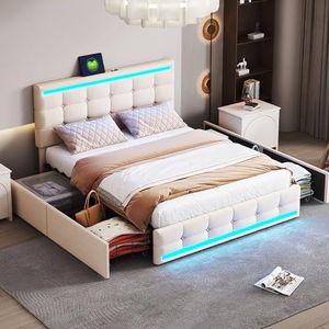 Aunvla Gestoffeerd bed, 140 x 200 cm, gestoffeerd led-bedframe met 4 laden en 2 USB-laadstations, bedframe met ledverlichting, hoofdeinde, gevoerd platformbed met opbergruimte, beige