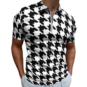 Pied-de-poule zwart wit poloshirt voor heren, casual T-shirts met ritssluiting en kraag, golftops, slim fit