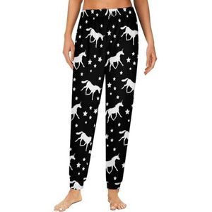 Witte eenhoorn silhouet dames pyjama lounge broek elastische tailleband nachtkleding bodems print