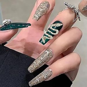 Long False Nails Gold Snake Press on Nails Rhinestone Stick on Nails Artificial Reusable Fake Nails 24pcs for Women and Girls