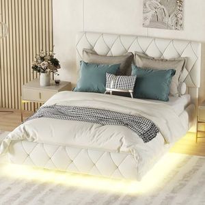 Aunvla Tweepersoonsbedden, gestoffeerd bed, zweefbed, gestoffeerd bed met lichtstrips, beige, 140 x 200 cm
