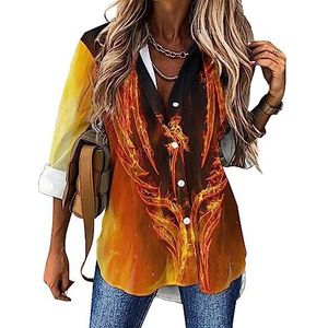 Phoenix Bird in Flames Casual overhemd voor dames, button-down, lange mouwen, V-hals, blouse, tuniek voor leggings