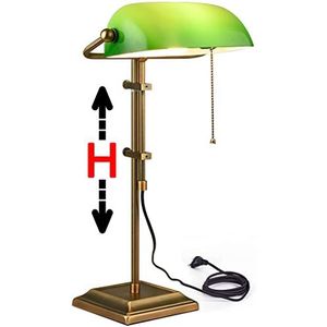LANMOU Klassieke bankerlamp, in hoogte verstelbaar, retro tafellamp, groen, glazen kap met trekkoord, schakelaar, traditionele bankiers, bureaulamp van staal, E27-tafellamp voor kantoor en bureau