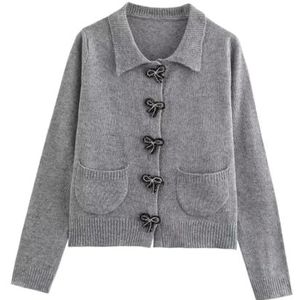 Elegante Damescardigan Met Strik en Knopen, Cropped Gebreide Trui Met Reverskraag en Lange Mouwen Top(S)