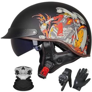 Vintage Motorhelm In Duitse Stijl, ECE 22.06 Goedgekeurd, Open Motorhelm, Retro Halve Helm met Zonneklep voor Volwassenen, Mannen en Vrouwen H-1,L (57-58cm)