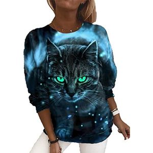 Vrouwen Grappige Kat 3D Grafische Print Sweatshirt Casual Leuke Dier Print Crewneck Lange Mouw T-shirt, # 1, XXL