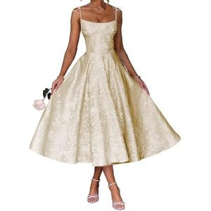 AHERKLL Spaghetti Bandjes Bruidsmeisjes Jurken Bloemen Satijn Jacquard Formele Avond Feest Maxi Jurk Thee Lengte HAH048, Champagne Goud, 34