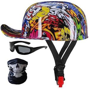 Motorcycle Half Helm,Baseball Cap Retro Open-Face Helm Voor Mannen Vrouwen met Riding Glasses Riding Vizier ECE Certified Half Shell Jet Motorbike Helm57-62cm